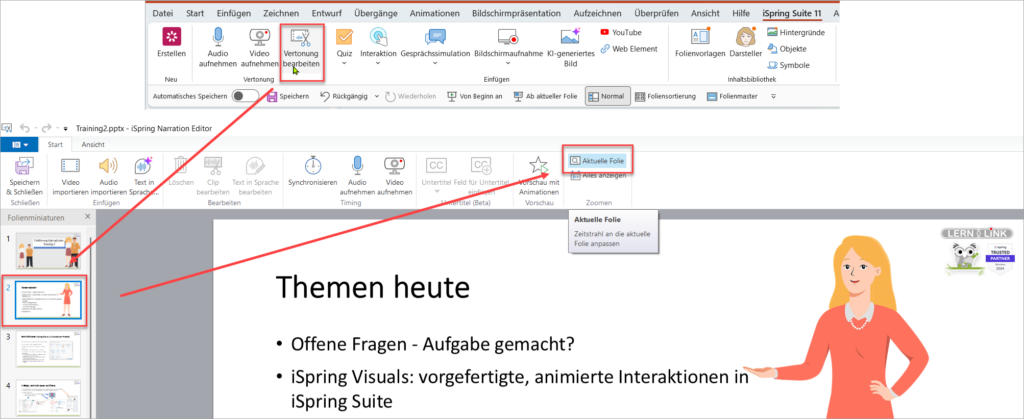 Reiter Vertonung; im Editor die aktuelle Folie ausw&auml;hlen