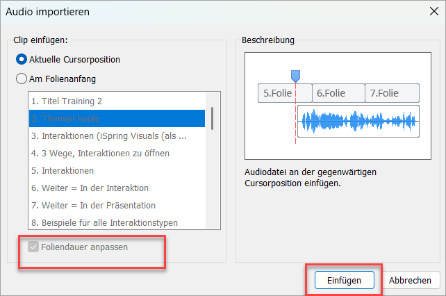 Audio importieren - Clip einf&uuml;gen bei aktueller Cursorpostion oder am Folienanfang