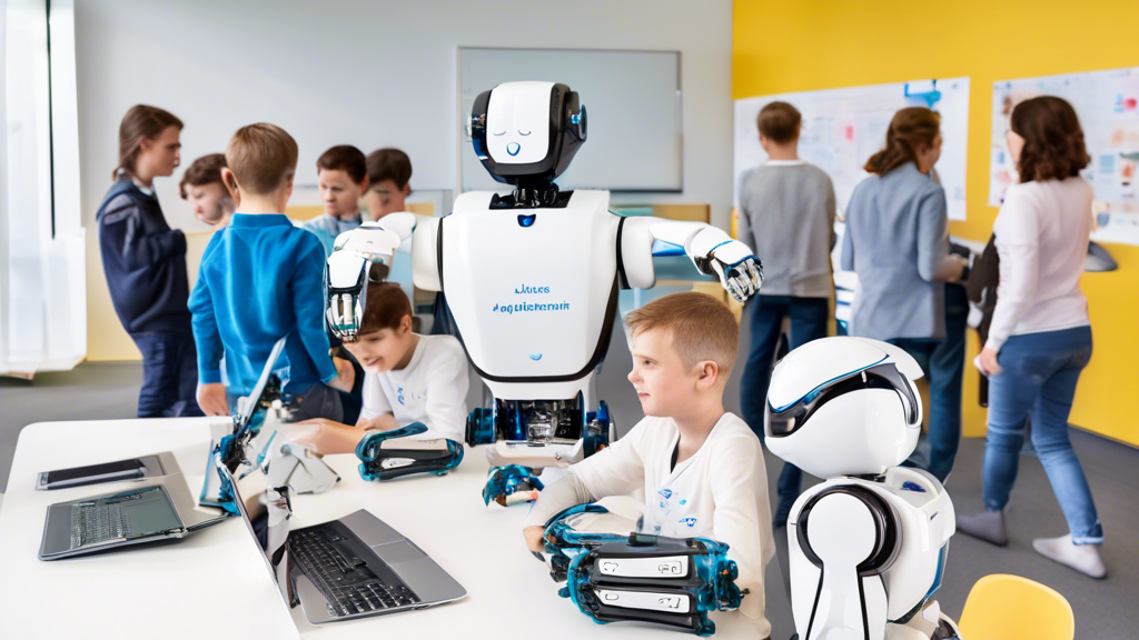 Ein intelligentes Klassenzimmer der Zukunft voller Schüler, die an maßgeschneiderten Lernstationen arbeiten, während ein Roboterlehrer individuelles Feedback gibt, unter Verwendung von fortschrittlichem adaptivem Technologie-Ökosystem, Digitalzeichnung.