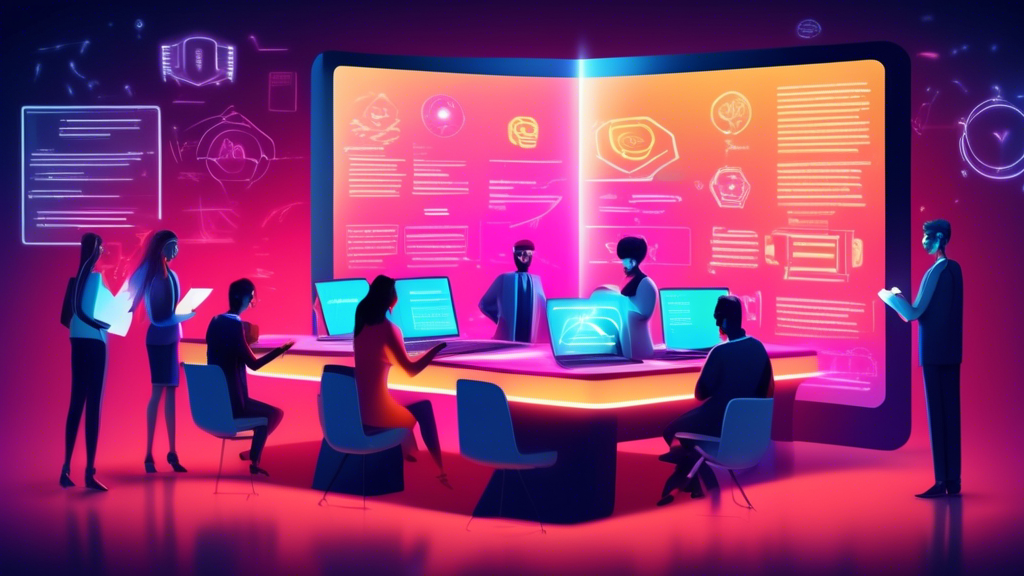 An elegant digital classroom featuring various students and an instructor focusing on a giant glowing book labeled 'Compliance-Protokolle' in a futuristic E-Learning environment