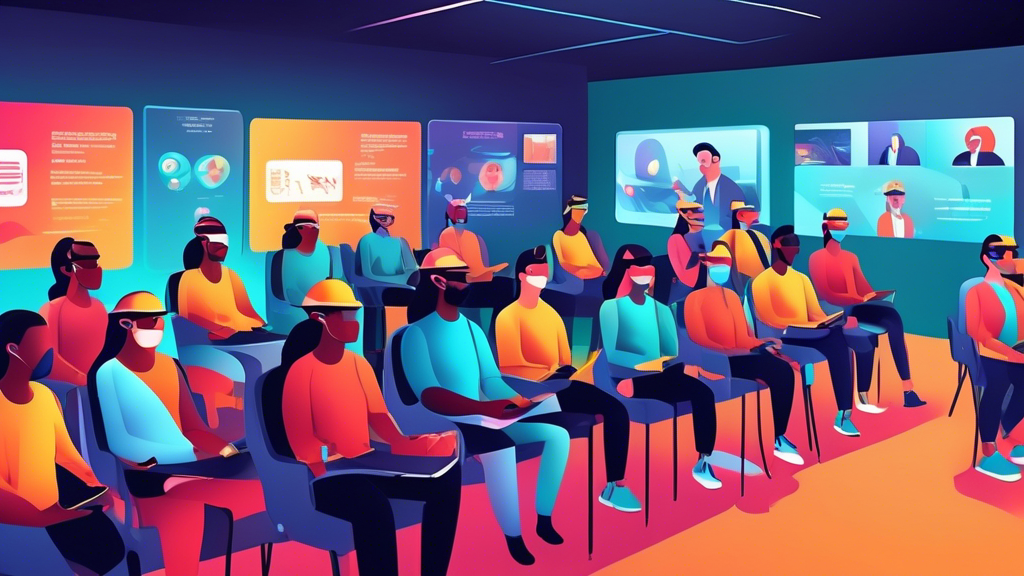 Digital illustration of a diverse group of workers attending an interactive online safety training workshop with virtual reality headsets and interactive screens displaying safety protocols and strategies