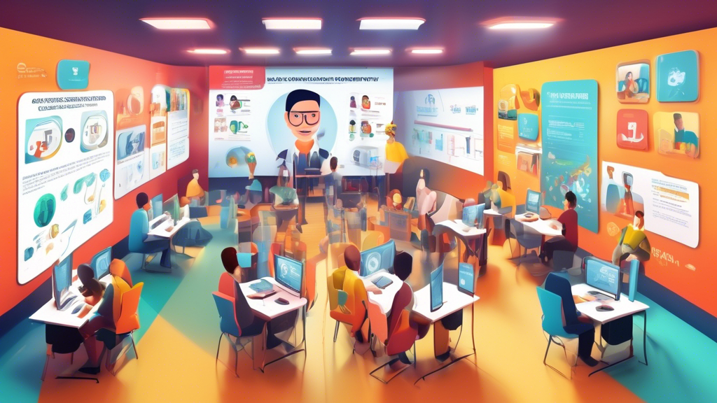Digital classroom filled with virtual avatars of employees attentively participating in an interactive E-Learning session on occupational safety guidelines, with infographics and safety icons floating in the immersive 3D environment.