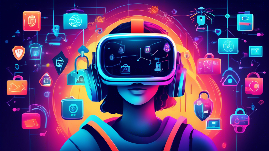 Digital illustration of a secure and futuristic online learning platform, showcasing students accessing encrypted educational resources through virtual reality headsets, surrounded by cybersecurity symbols and padlocks.