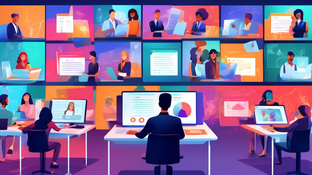Digital classroom filled with virtual screens displaying legal icons and compliance documents, with diverse avatars representing employees engaging in interactive E-Learning modules.