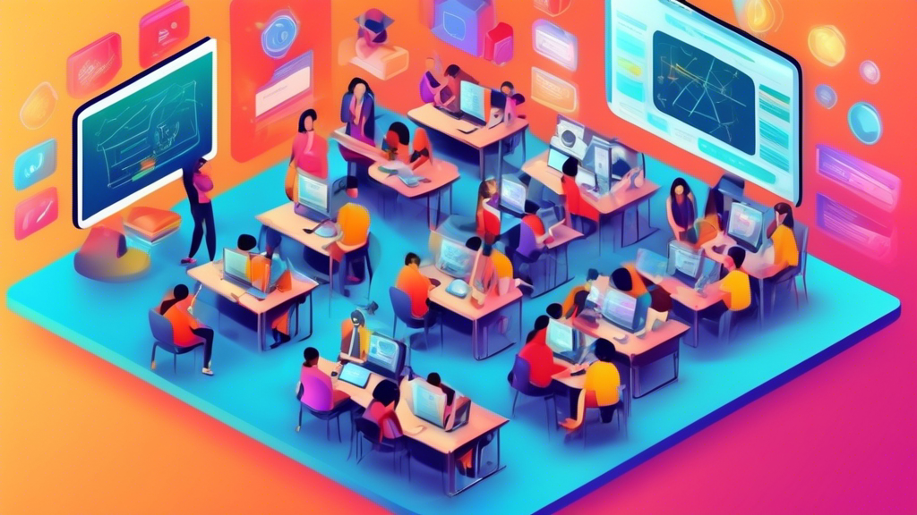Digital classroom setting with diverse group of students learning quality audit principles through interactive e-learning software on their devices, with quality assurance certificates and auditing tools holographically projected in the center.