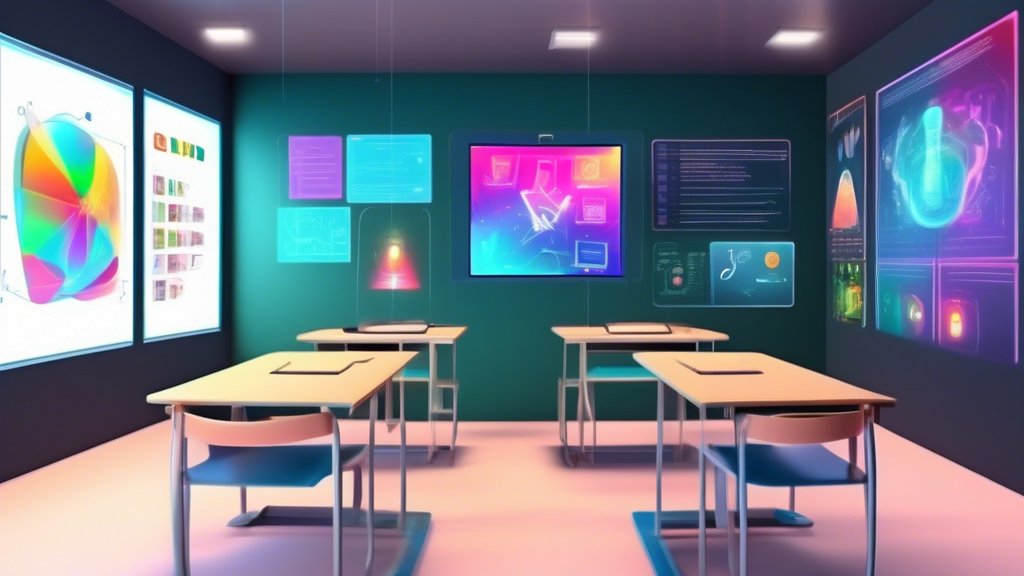Digitales Klassenzimmer der Zukunft mit vielfältigen E-Learning-Tools und virtueller Qualitätsplanungstafel an der Wand, umgeben von begeisterten Studenten, die durch holographische Displays interagieren.