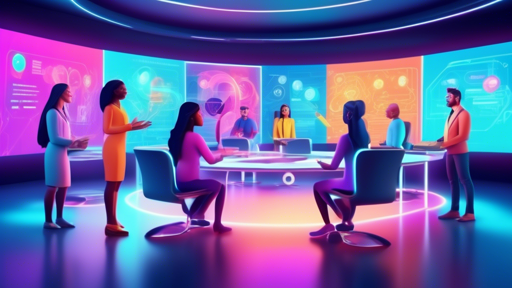 Stylized digital classroom setting with diverse avatars engaged in an interactive e-learning course about Quality Management Software on futuristic holographic screens