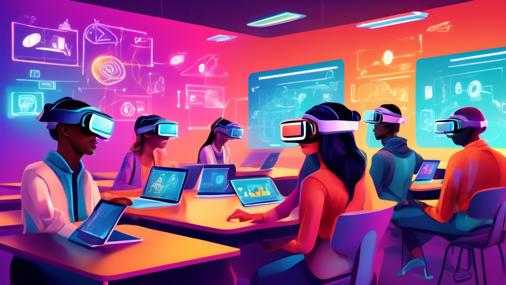 Digital painting of diverse students engaging in an interactive e-learning course on compliance measures, with virtual reality headsets, laptops, and futuristic digital interfaces displaying legal symbols and interactive quizzes, in a vibrant, technologically advanced classroom setting.