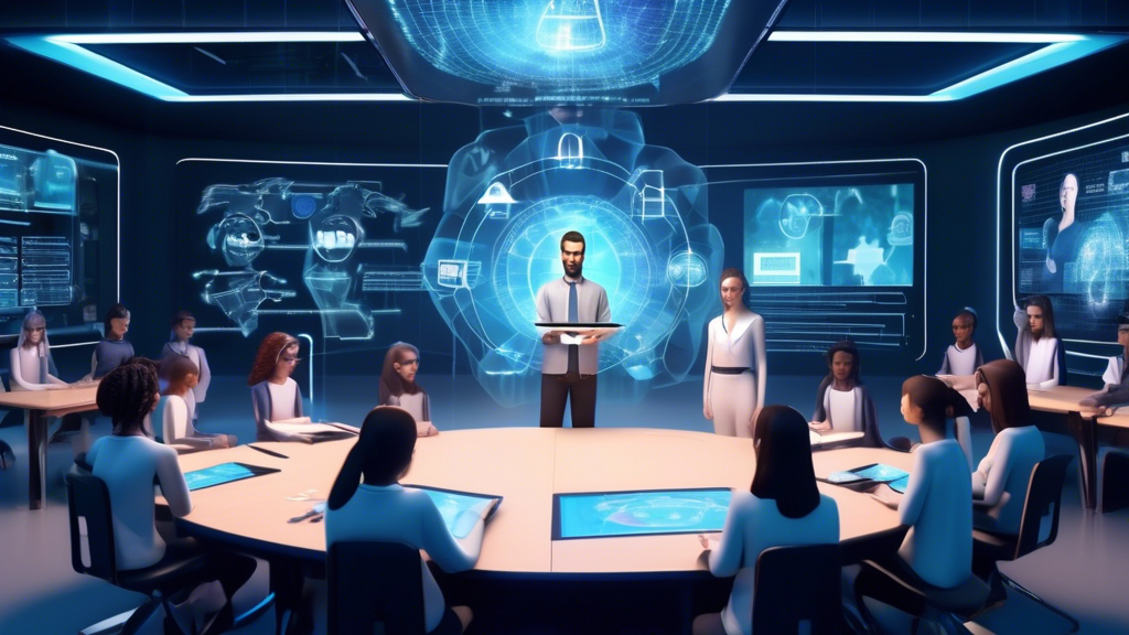 A sleek digital classroom with futuristic holographic displays projecting the text 'E-Learning Module zur IT-Sicherheit Gesetzen', surrounded by virtual students represented by avatars from various parts of the world, all attentively focusing on an avatar of a teacher explaining the laws with interactive charts and cybernetic elements in the background.