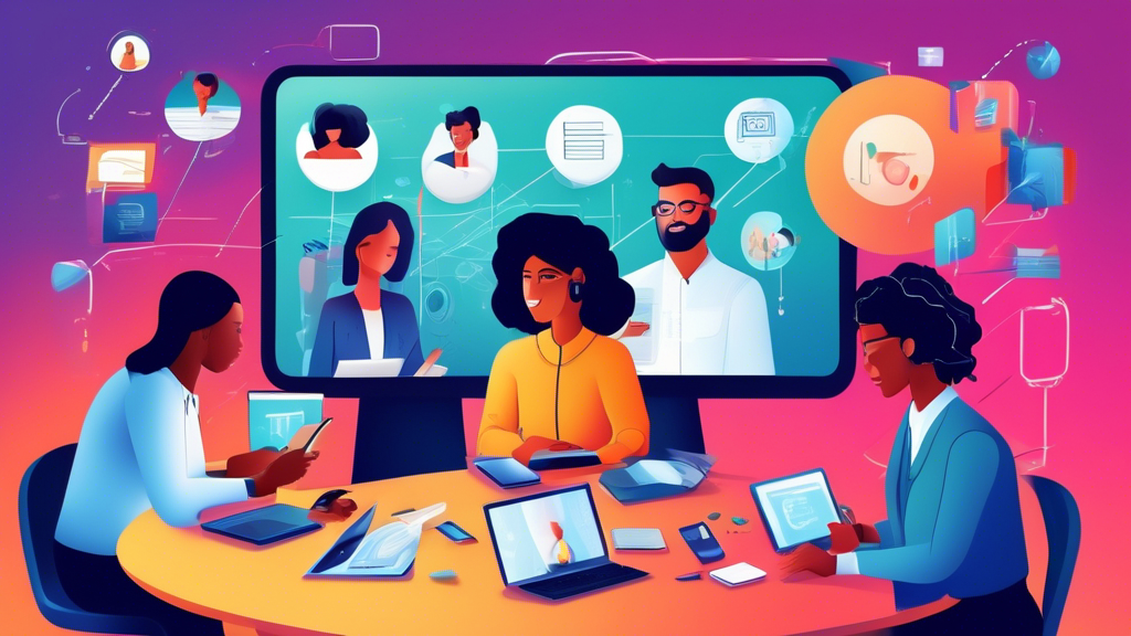 Detailed illustration of a diverse group of people engaging in an online course on effective quality management using digital devices, with educational materials and quality assurance tools floating around in a virtual classroom.