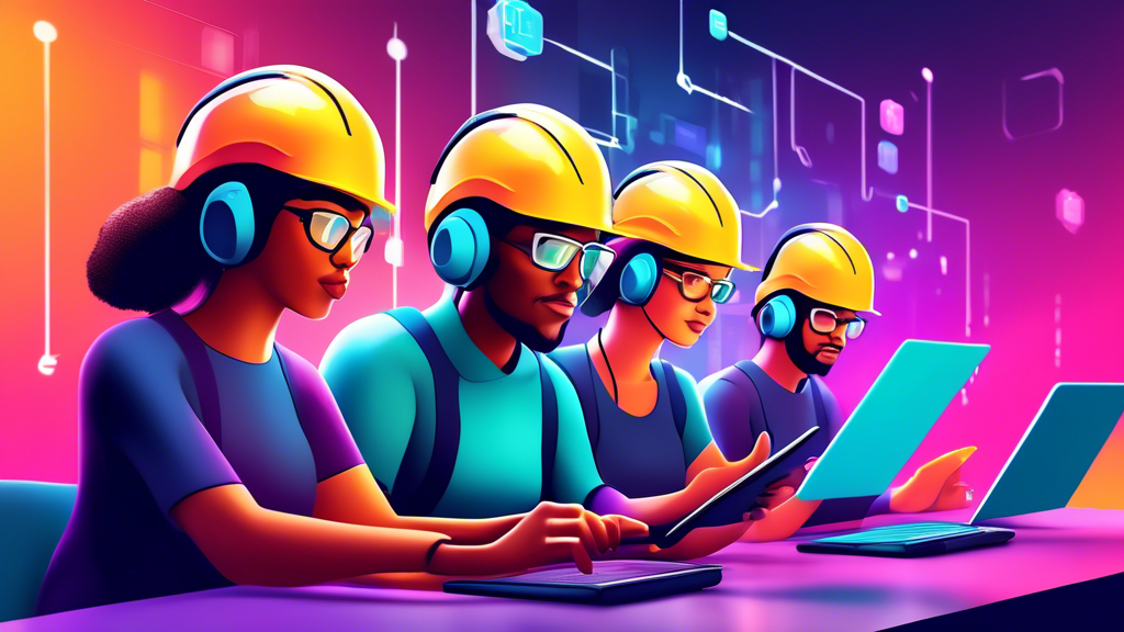 Digital illustration of diverse people with safety helmets using tablets and laptops, engaging in interactive online courses on a futuristic e-learning platform dedicated to workplace safety measures.