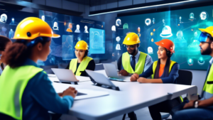 Digital classroom setting with diverse avatars wearing safety helmets engaged in an interactive e-learning platform for workplace safety programs, with holographic displays of safety equipment and protocols surrounding them.