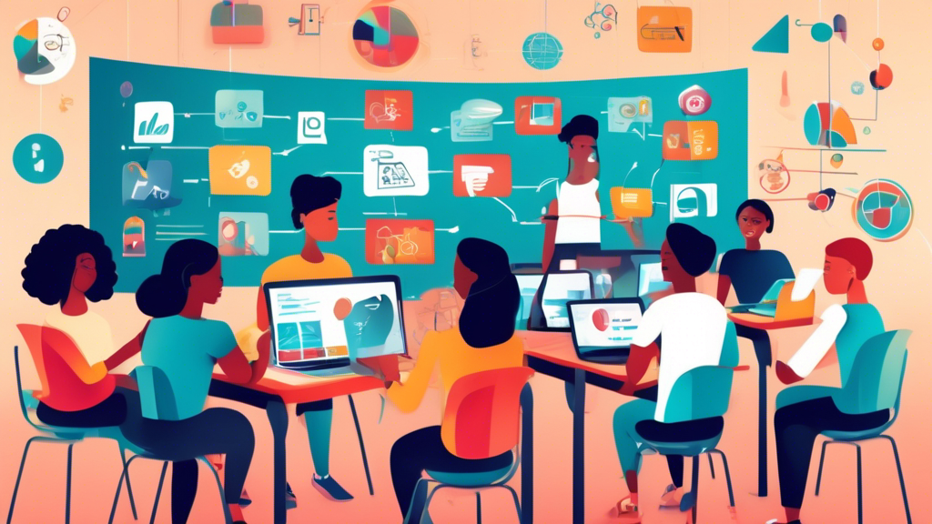 Illustration of a modern digital classroom with students from diverse backgrounds engaging in interactive e-learning on their devices, with quality improvement graphs and symbols floating above their heads.