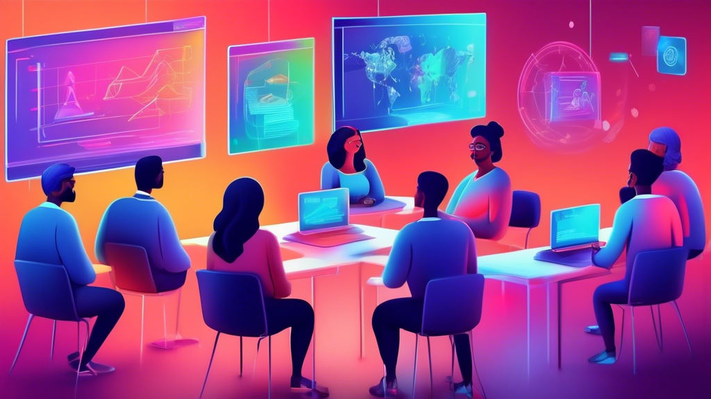 An illustrated digital classroom with diverse virtual students attentively watching a holographic presentation on Compliance principles and ethics.