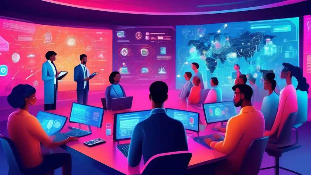 A digital painting of diverse people attending an online seminar on IT security policies, with virtual screens displaying encryption symbols and cybersecurity infographics, set against a backdrop of a futuristic, interconnected cyber world.