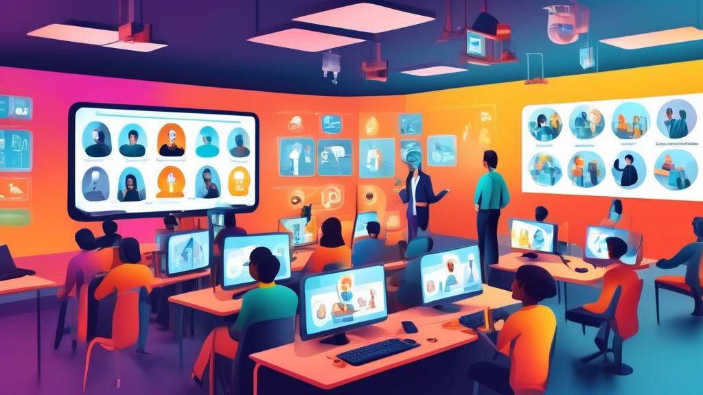 detailed digital illustration of a virtual classroom with diverse avatars attending an e-learning seminar on occupational safety, highlighted by digital safety signs and interactive tools on screen