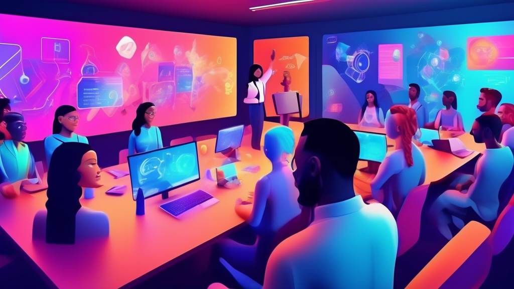 Digital classroom with diverse virtual avatars engaging in an interactive change management training session using futuristic technology.