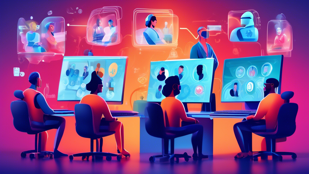 Digital illustration of a diverse group of animated characters in a virtual classroom setting, attentively participating in an HR compliance training module on their computer screens, with futuristic digital elements symbolizing e-learning and compliance.