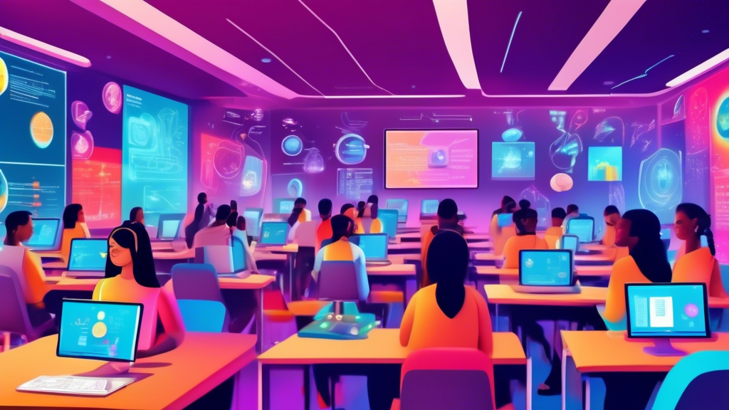 Digital classroom of tomorrow with futuristic technology and diverse students learning about Human Resource Information Systems (HRIS) in an engaging e-learning environment.