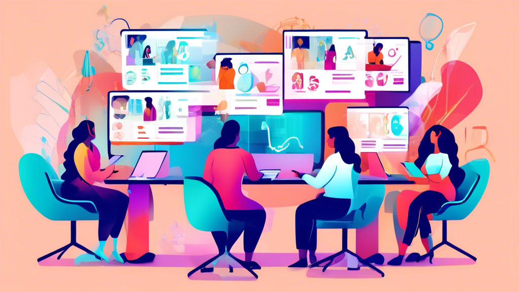 Illustration of diverse employees engaging in a virtual e-learning platform on health and quality control themed around LEARNTEC.