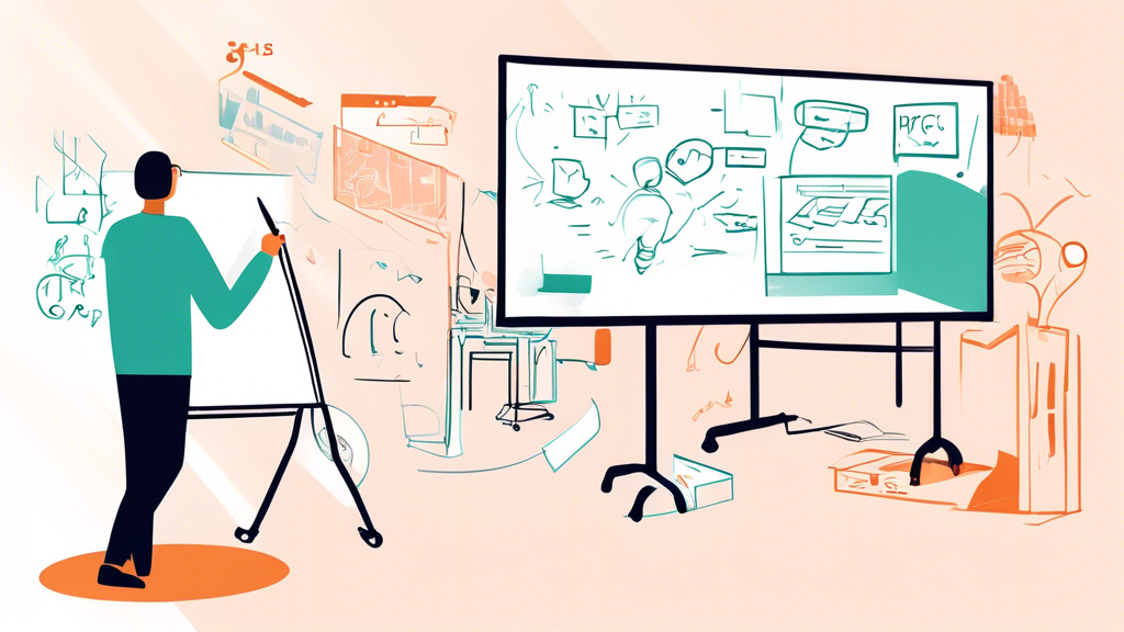 Illustration eines virtuellen Klassenzimmers, in dem eine animierte Figur auf einem interaktiven Whiteboard Personalrichtlinien vor einem diversen Online-Publikum präsentiert.