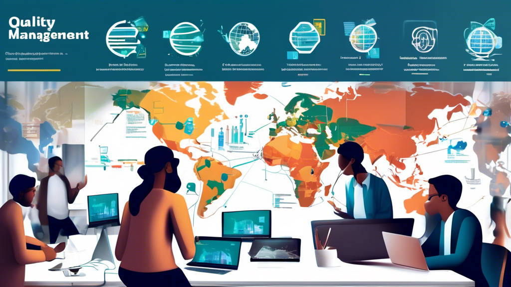Digital classroom setting with diverse group of students engaging in an interactive e-learning course on quality management in the supply chain, displayed on their laptops and tablets, with infographics showing logistics, quality assurance icons, and a global map highlighting trade routes.