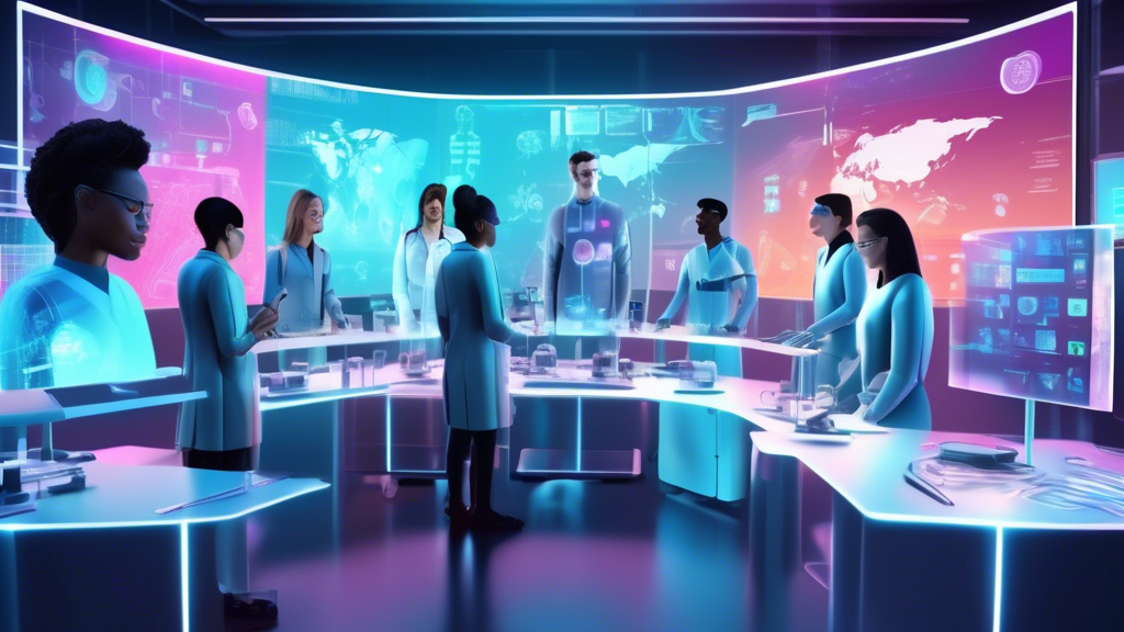 Digital avatar teaching a group of animated, diverse students about laboratory standard operating procedures (SOPs) through holographic displays in a futuristic e-learning environment.