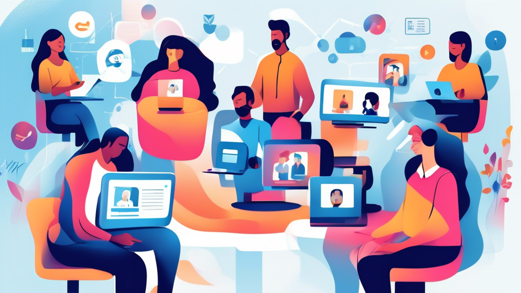 Illustration of a virtual classroom with diverse remote employees engaging in an interactive E-Learning session on management strategies, with digital devices and connection icons surrounding them.