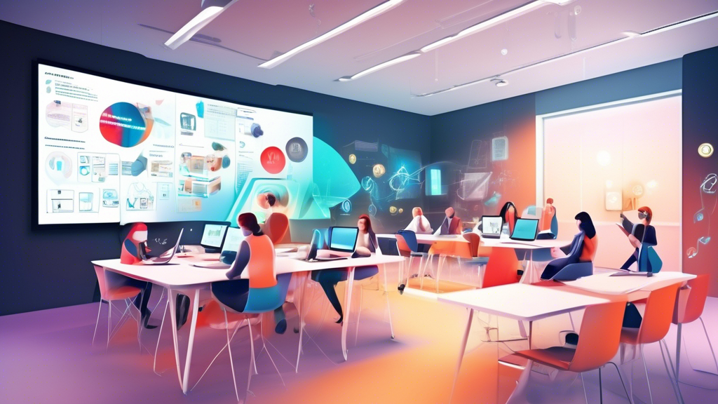 Digitales Klassenzimmer der Zukunft mit virtuellen Menschen aus der HR-Branche, die interaktiv Best Practices teilen.