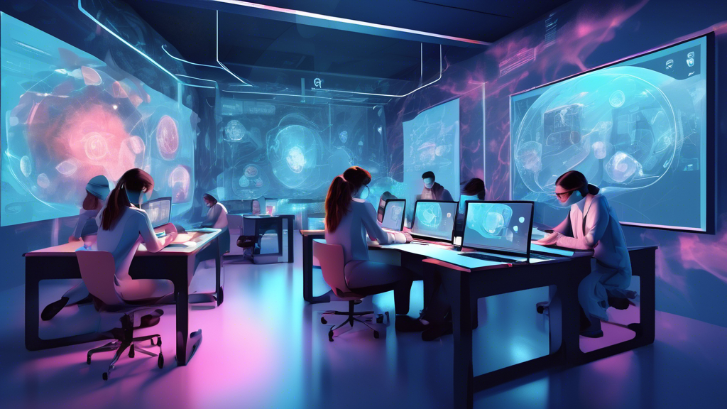 Digital painting of a virtual classroom with students engaged in a 3D interactive experiment on computers, showcasing a futuristic e-learning platform for experimental procedures.