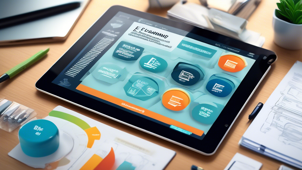 Digital tablet displaying an e-learning interface focused on Supplier Quality Management courses, featuring interactive modules, charts and a virtual instructor, set on a desk surrounded by supplier contracts and quality control tools.