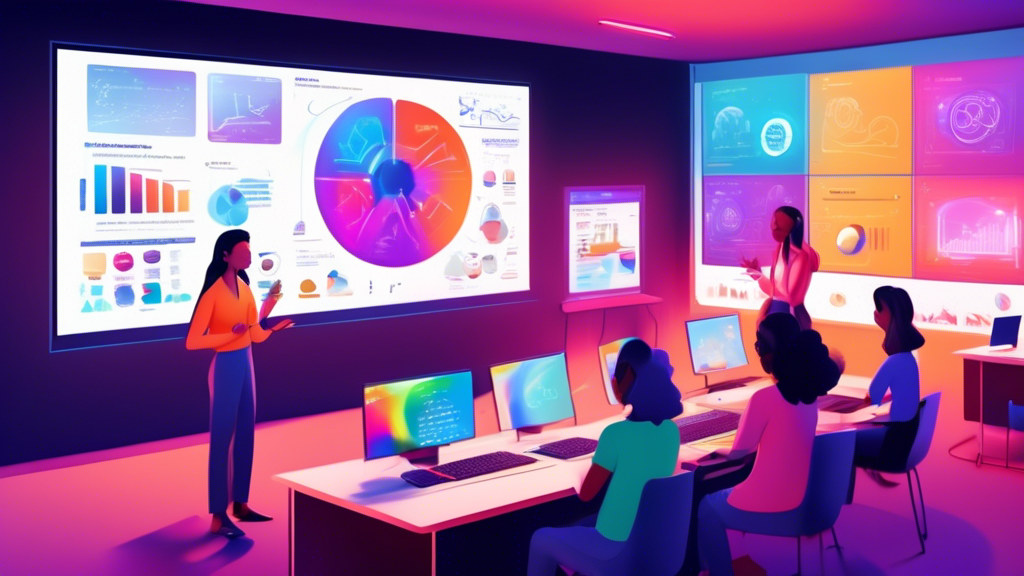A digital classroom setup showing animated students and an instructor discussing a large, glowing screen displaying a colorful, interactive dashboard for e-learning in audit management.