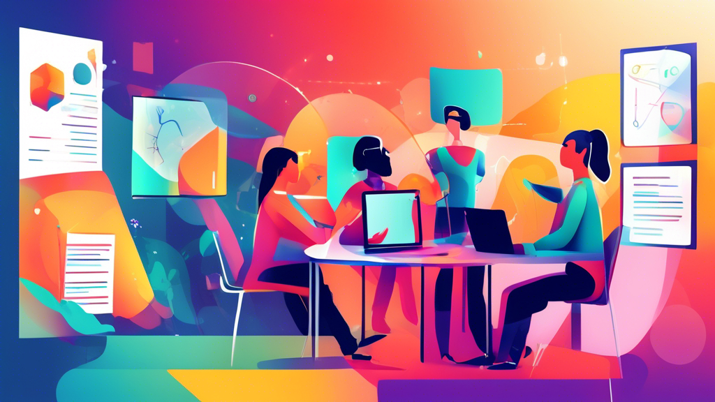 Illustration eines modernen, interaktiven E-Learning-Arbeitsplatzes mit Software-Darstellungen zur Planung humaner Ressourcen, inklusive virtueller Avatare in einem digitalen Klassenzimmer