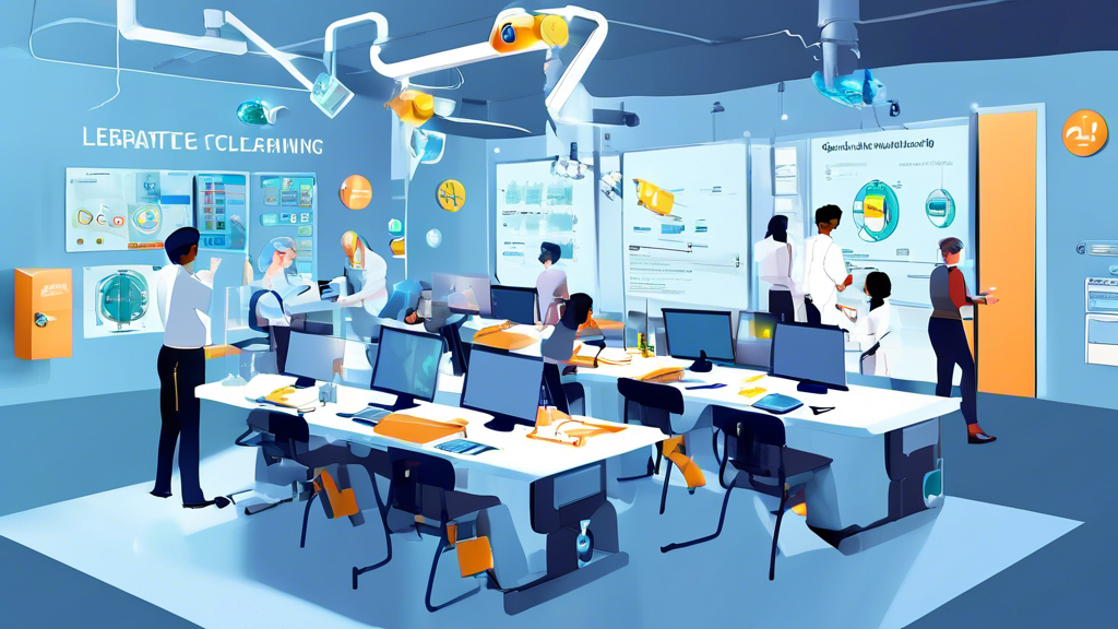 Digital illustration of a virtual classroom environment showing students and instructors participating in a safety training for laboratory practices using the LEARNTEC e-learning platform, with interactive elements and quality assurance badges.