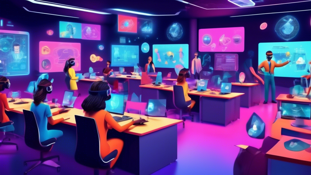 Digital classroom with virtual avatars engaging in an interactive e-learning session on Compliance Management Systems, showcasing diverse technologies like virtual reality headsets and interactive screens in a futuristic educational setting.