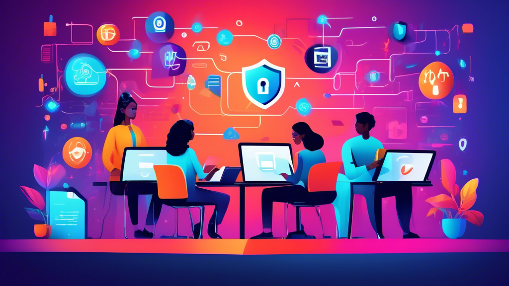 Digital illustration of a diverse group of students engaging in an interactive e-learning platform focused on IT security concepts, with cyber security icons and digital locks floating in a virtual classroom setting.