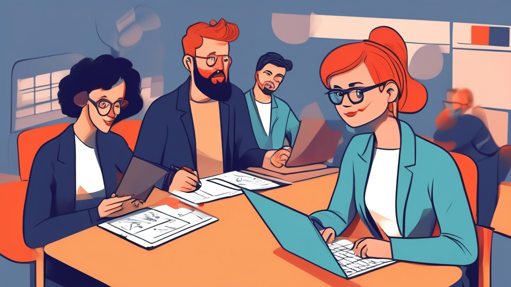 Eine Gruppe von animierten Charakteren in einer virtuellen Umgebung, die interaktiv an einer E-Learning-Schulung für Arbeitssicherheit teilnehmen, mit Pop-up-Quizfragen und Fortschrittsbalken, im Cartoon-Stil illustriert.
