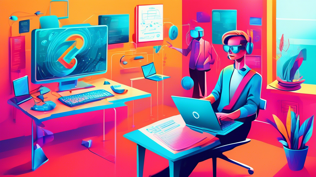 Illustration eines modernen virtuellen Klassenzimmers mit diversen Mitarbeitern, die an Computern in einer futuristischen Büroumgebung E-Learning-Kurse zur Personalentwicklung absolvieren.