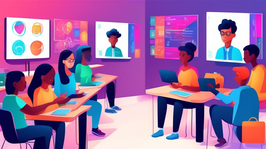 An engaging digital classroom setting with diverse students learning about IT security policies through an interactive online course.