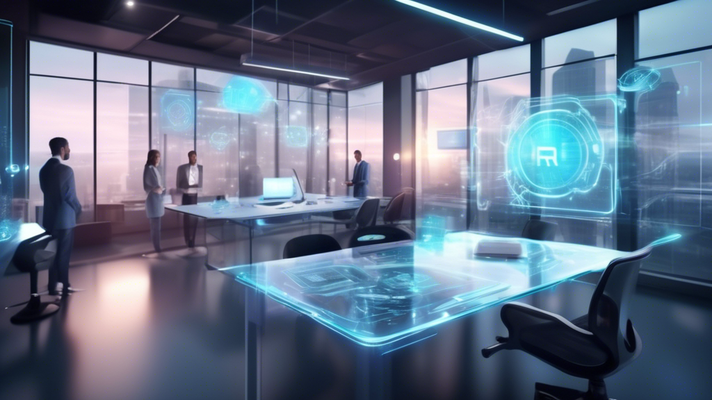 Konzeptbild eines modernen virtuellen Arbeitsplatzes mit nahtloser Integration von HR-Technologie und E-Learning-Plattformen, dargestellt als holographische Schnittstellen über einem Schreibtisch in einem futuristischen Büro