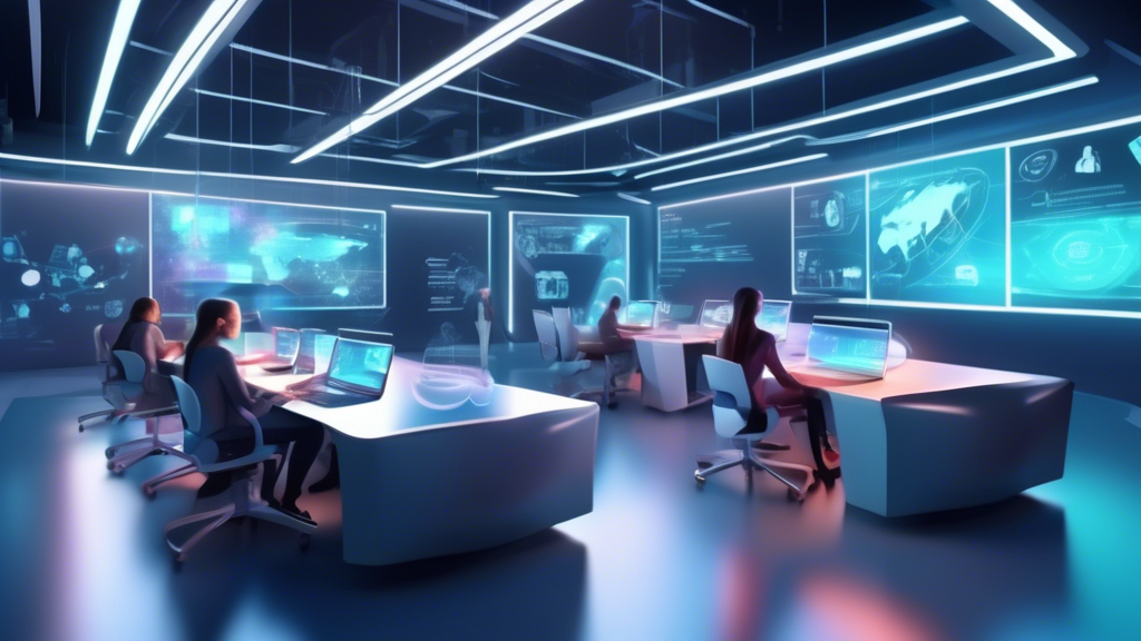 Illustration of a futuristic virtual classroom environment with holographic displays showing diverse e-learning modules for leadership training at LEARNTEC.