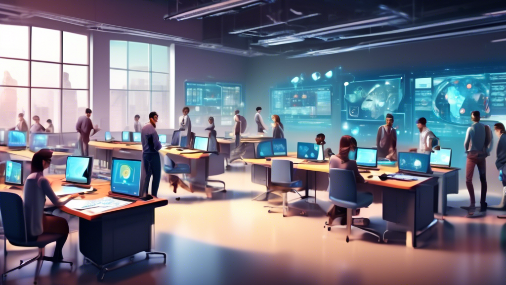A highly detailed digital classroom filled with advanced technology and virtual interfaces where diverse students are engaged in interactive E-Learning sessions on Lean Manufacturing principles.