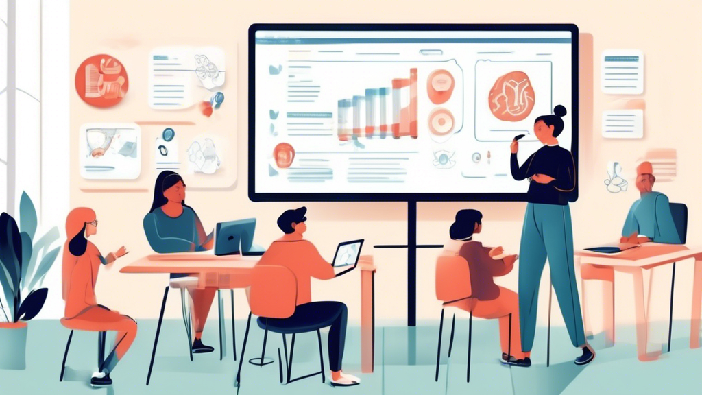 Detaillierte Illustration eines virtuellen Klassenzimmers mit verschiedenen digitalen Geräten, die auf ein interaktives Lernmanagementsystem zugreifen, umgeben von HR-Fachleuten, die E-Learning-Inhalte erstellen und verwalten, im Stil einer freundlichen und einladenden Informationsgrafik.