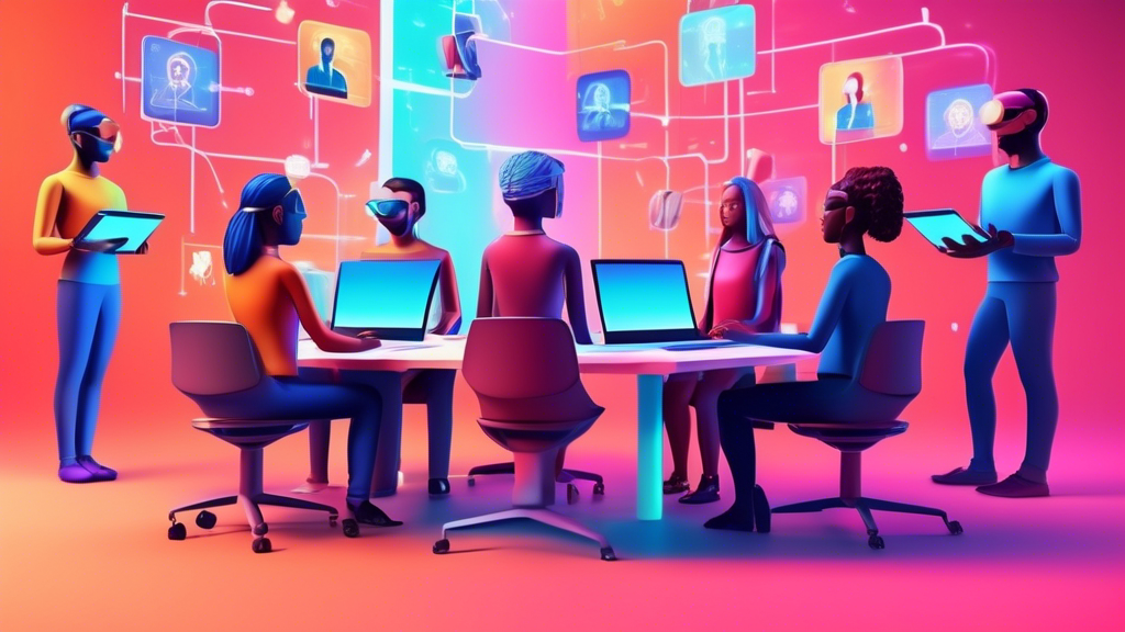 Digital classroom setup with diverse virtual avatars interacting in a futuristic HR e-learning session, highlighting innovative technology and collaboration.