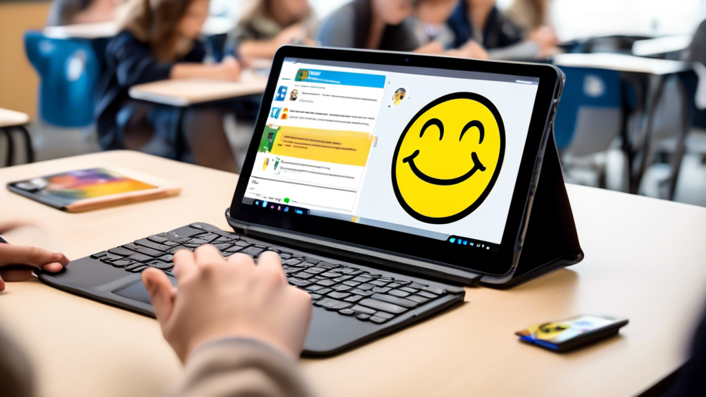 Ein digitales Klassenzimmer mit vielfältigen interaktiven Feedback-Symbolen wie Daumen hoch, Smiley-Gesichtern und Kommentarblasen schwebend um die Köpfe verschiedener virtueller Studenten, die über Tablets und Laptops mit einem Online-Kurs verbunden sind.