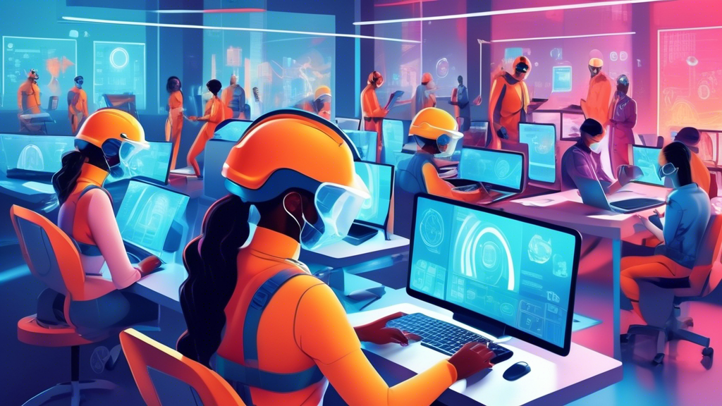 Digital illustration of diverse people wearing safety gear, engaging in various online assessments on computers and tablets, set in a futuristic workplace environment.
