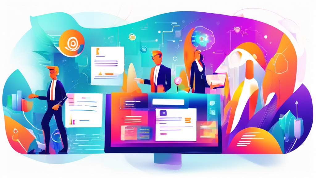Illustration eines Online-Bewerbungsgesprächs mit Avataren von HR-Managern und einem Kandidaten in einem virtuellen Büroumfeld, stilvolle und futuristische Interface-Elemente einbeziehend.