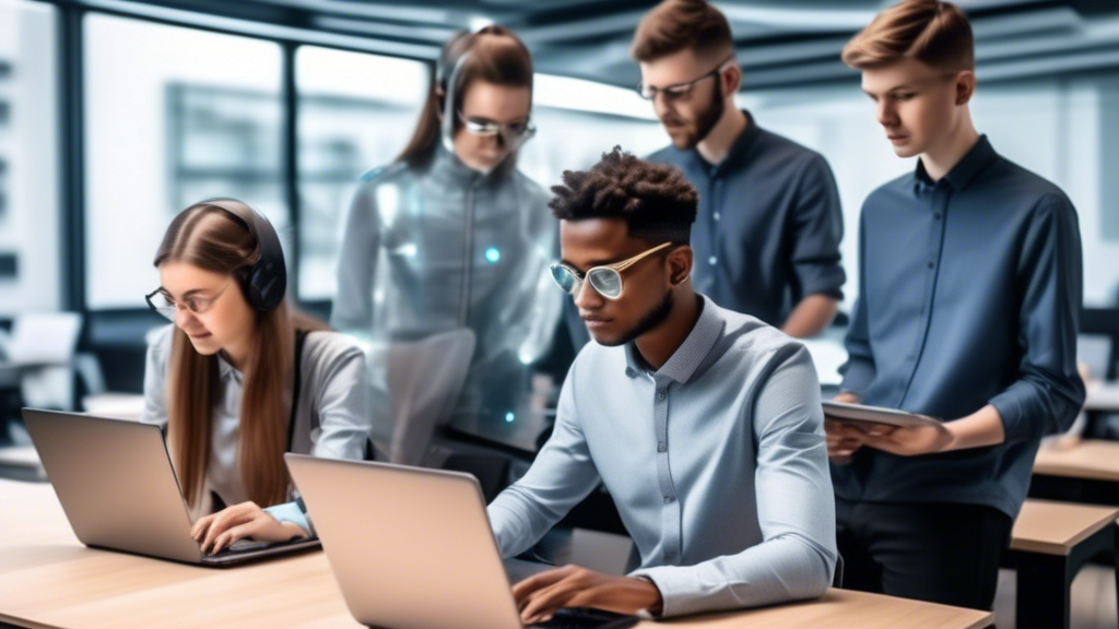 Ein virtuelles Klassenzimmer voller Studenten, die an Laptops arbeiten, während ein futuristischer Hologramm-Lehrer einen Vortrag über Humane Ressourcen Management hält, umgeben von digitalen Symbolen für Kommunikation, Teamarbeit und Fortbildung.
