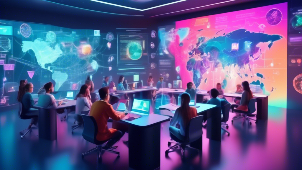 A digital classroom filled with students from around the world, interacting with virtual 3D models of cybersecurity technology, on a futuristic holographic interface.