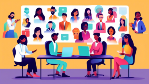 Digital illustration of a virtual classroom with diverse avatars of HR professionals engaging in an interactive online course on employee retention strategies